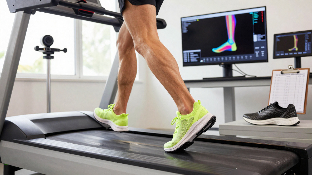 Pernas de pessoa a correr numa passadeira com estudo biomecânico do pé no ecrã ao fundo.