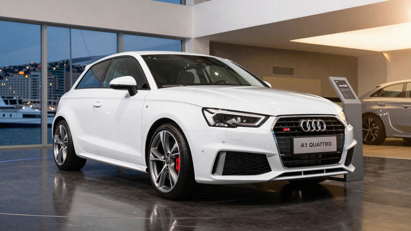 Carro Audi A1 Quattro branco estacionado em exposição num showroom moderno com vista para o porto.