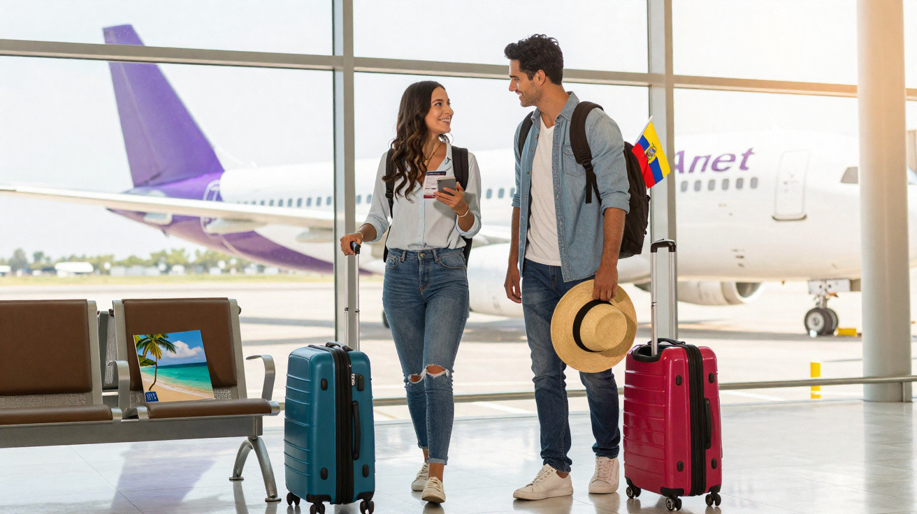 Casal com malas no aeroporto, ao lado de avião, a sorrir e conversar num ambiente luminoso.