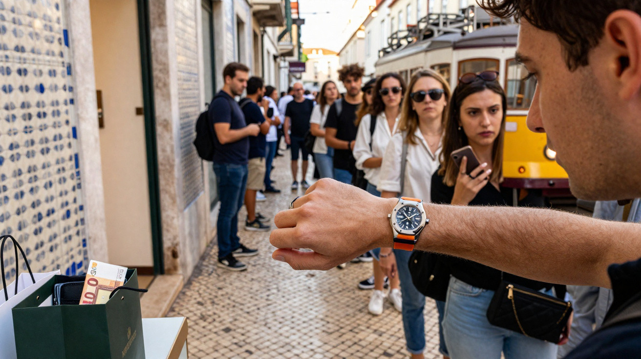 Pessoa de braço estendido a mostrar relógio enquanto várias pessoas fazem fila numa rua típica portuguesa.