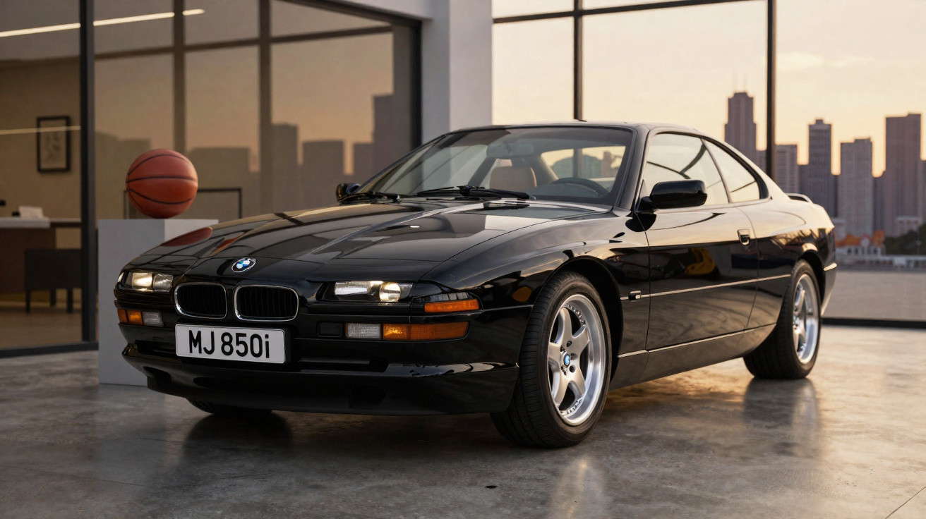 Carro BMW preto clássico estacionado em interior com janelas grandes e cidade ao fundo ao pôr do sol.