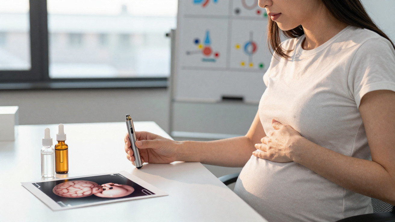 Mulher grávida sentada a analisar ecografia do feto num tablet, com frascos de medicação na mesa.
