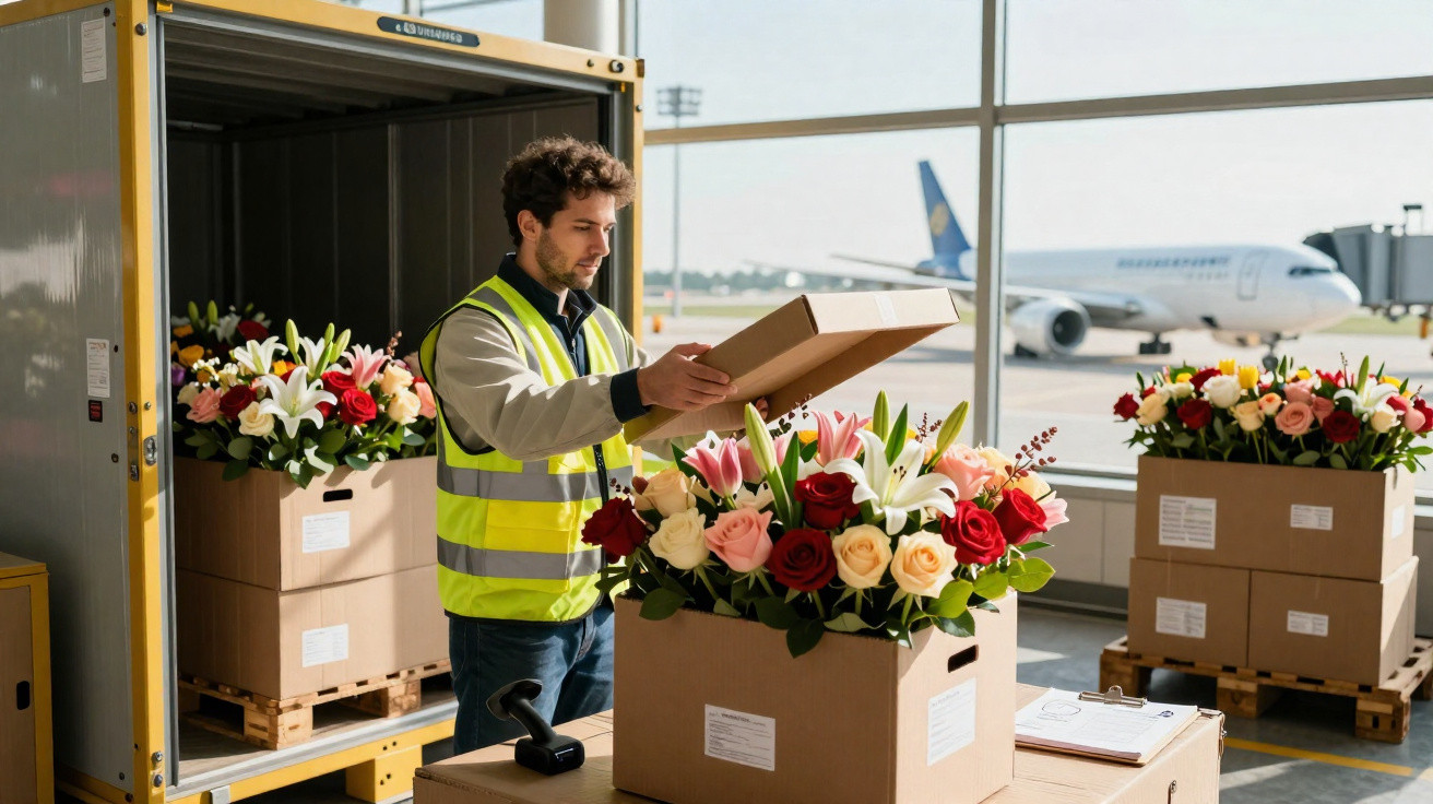 Homem com colete refletor a inspeccionar caixas com flores frescas num armazém de aeroporto.