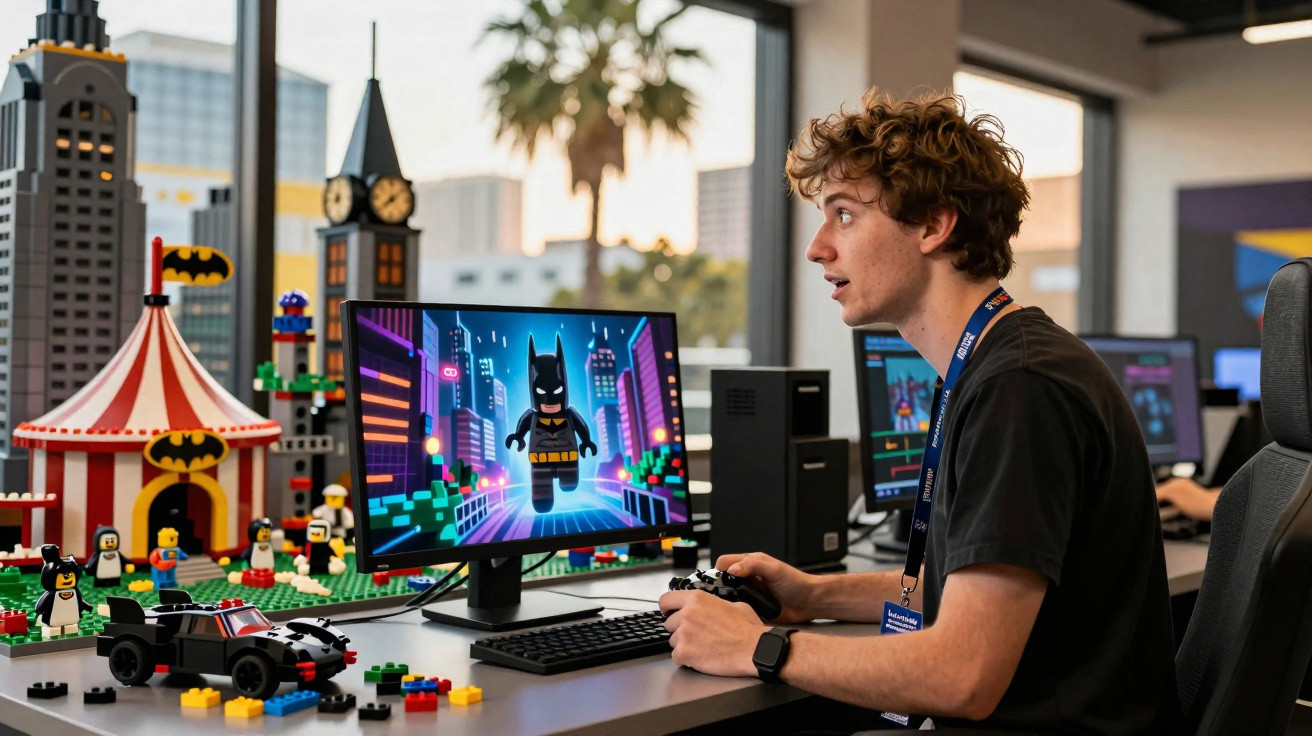 Jovem a jogar videojogo do Batman num computador com decoração de Lego na secretária.