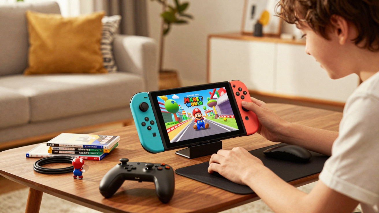 Criança a jogar Mario Kart numa consola Nintendo Switch numa sala de estar moderna e luminosa.