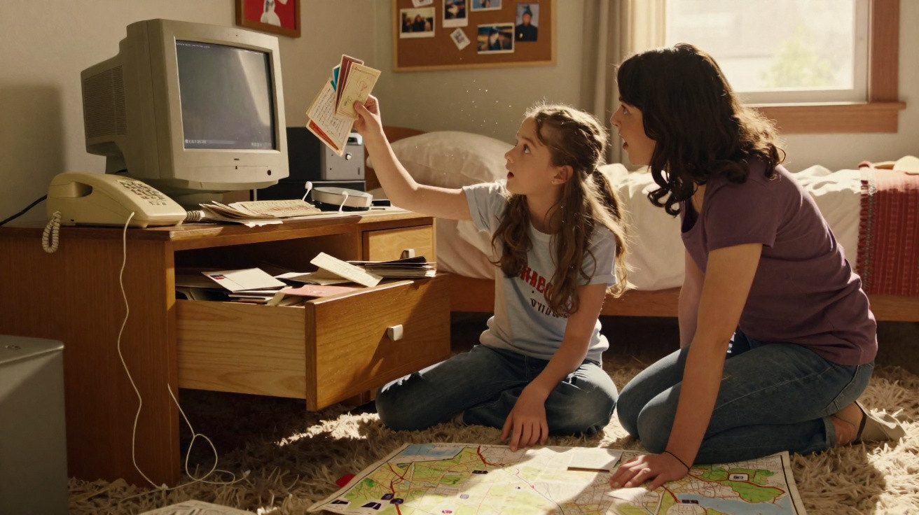 Menina e mulher sentadas no chão, a manusear cartas e mapas num quarto com computador antigo e telefone.