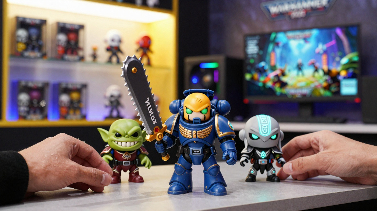 Figuras de ação de ficção científica com duas mãos humanas a segurá-las numa mesa com ecrã ao fundo.
