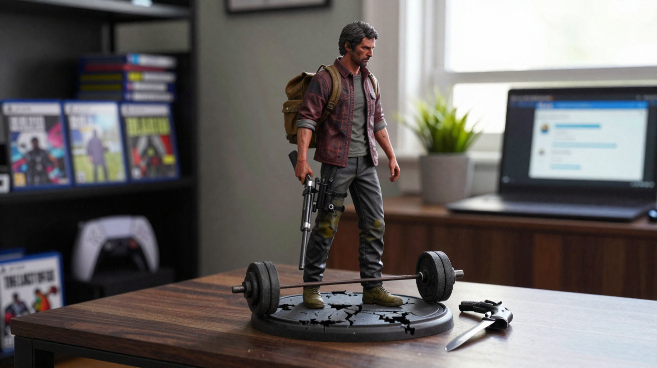 Figura colecionável de personagem com mochila e arma, em base preta rachada, sobre mesa de madeira.