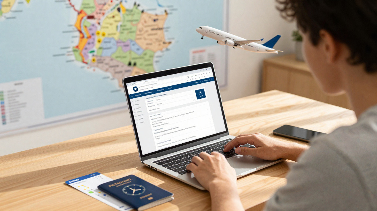 Pessoa a utilizar computador portátil para planear viagem com passaporte, mapa e telefone numa mesa, e avião em miniatura a v
