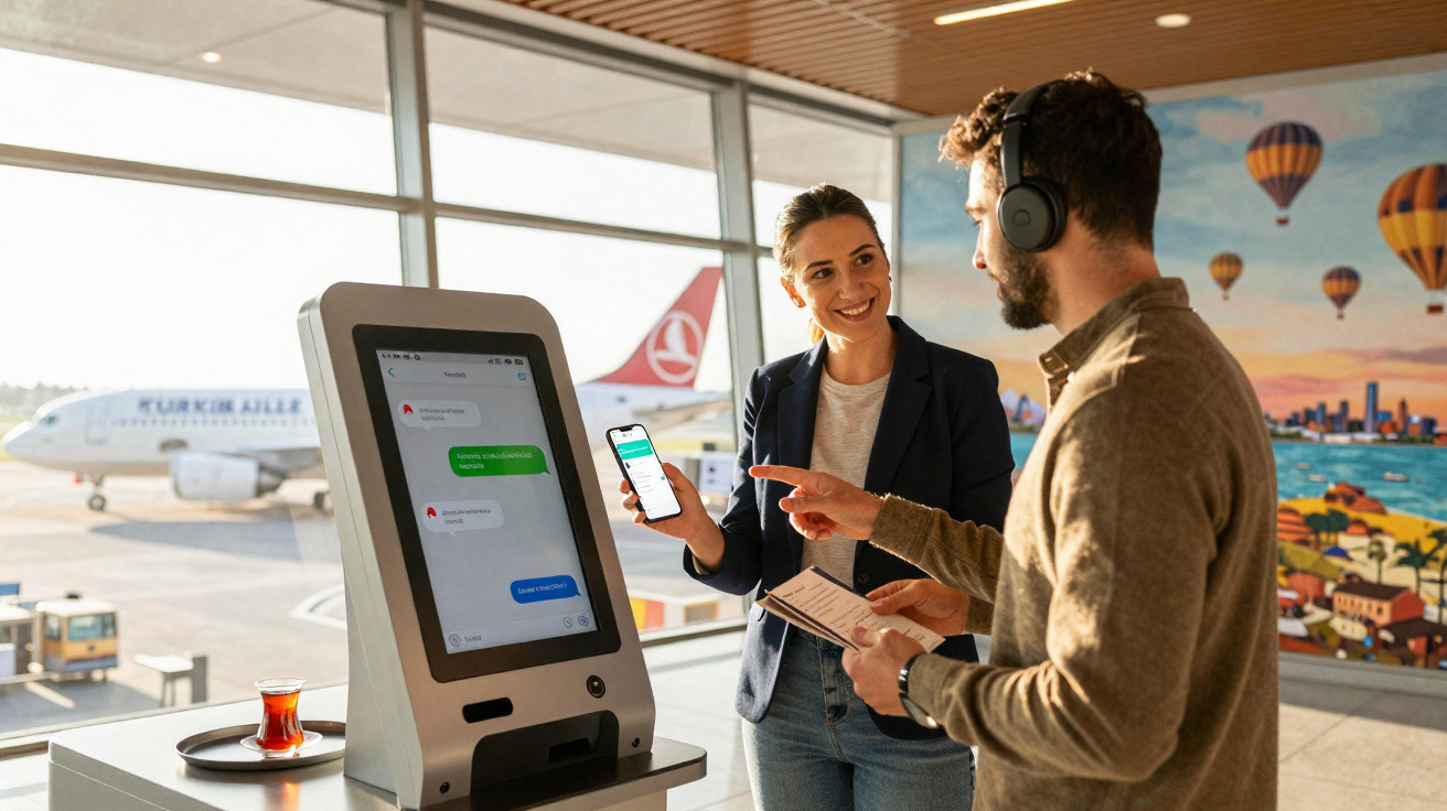 Dois passageiros interagem com quiosque de check-in num aeroporto, com avião da Turkish Airlines ao fundo.