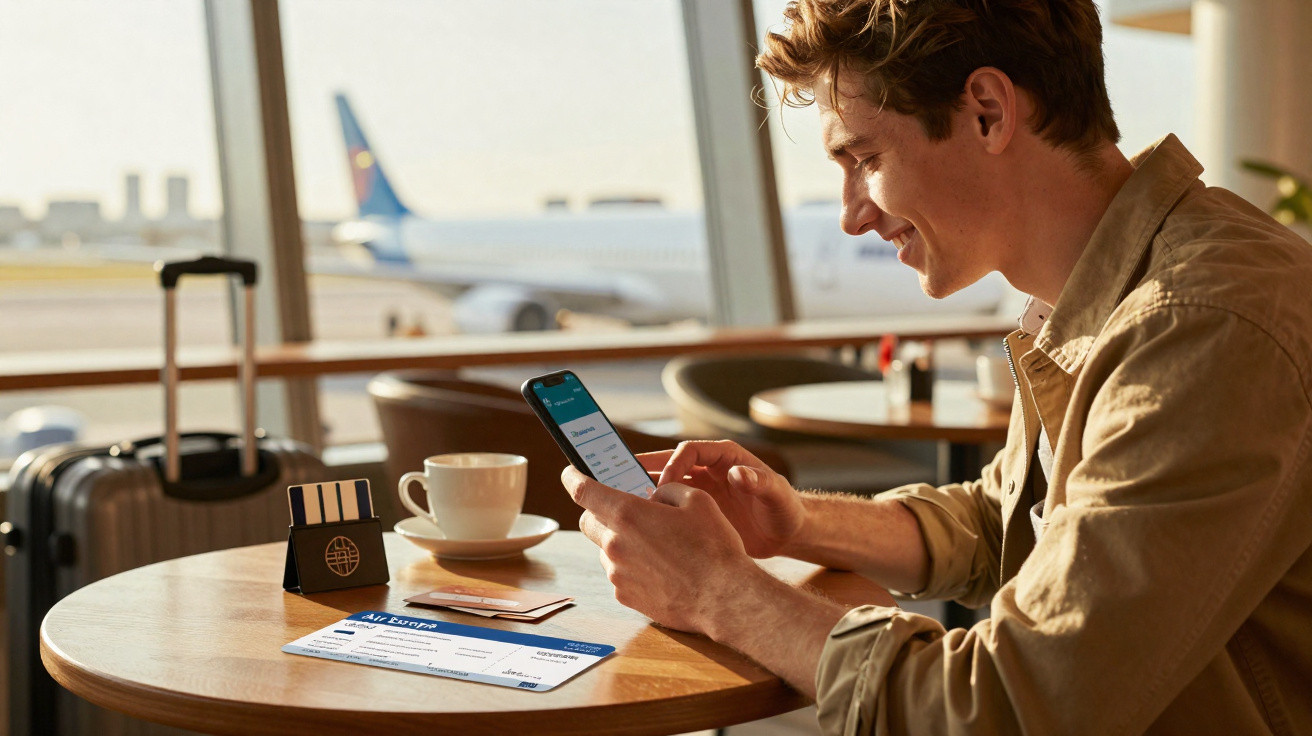 Homem sorridente a usar telemóvel sentado numa mesa de café no aeroporto com bilhete de avião e mala ao lado.