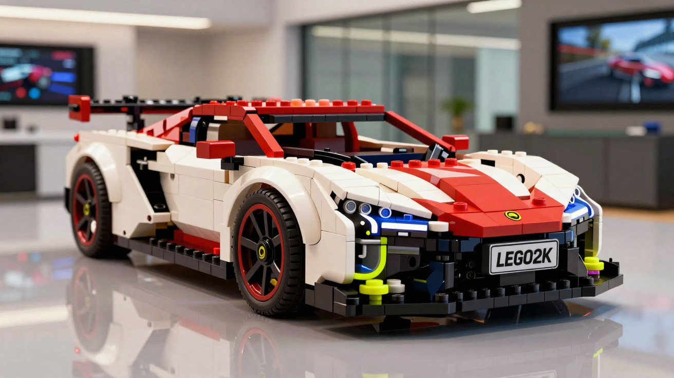 Carro de corrida vermelho e branco construído com blocos de lego numa mesa num escritório moderno.