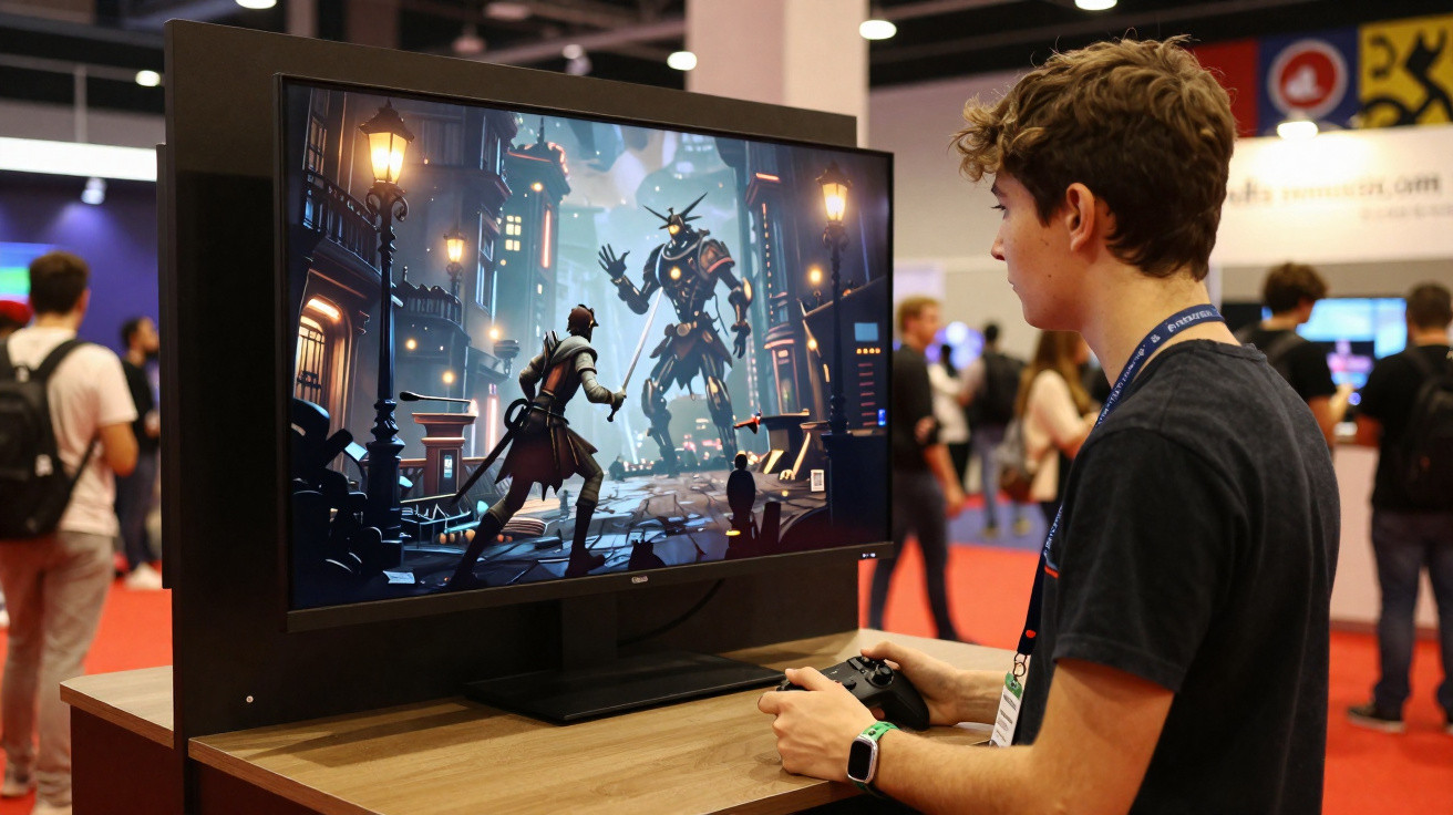 Jovem a jogar videojogo de ação com controlador em frente a monitor numa feira de tecnologia.