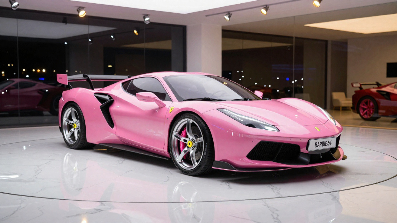 Ferrari 488 rosa com detalhes pretos estacionada em exposição num chão branco brilhante.