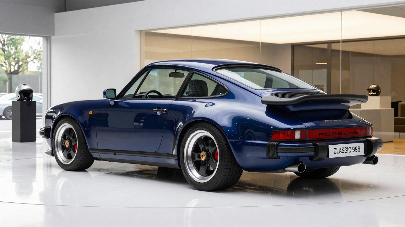 Carro desportivo Porsche 911 clássico azul escuro num showroom moderno com piso branco brilhante.
