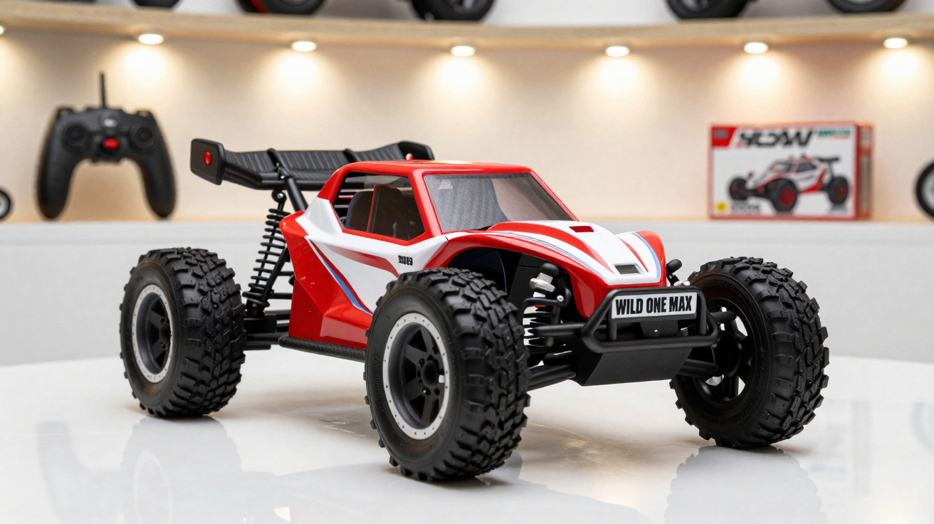 Carro de brinquedo radiocontrolado vermelho e branco com pneus grandes em superfície branca brilhante.