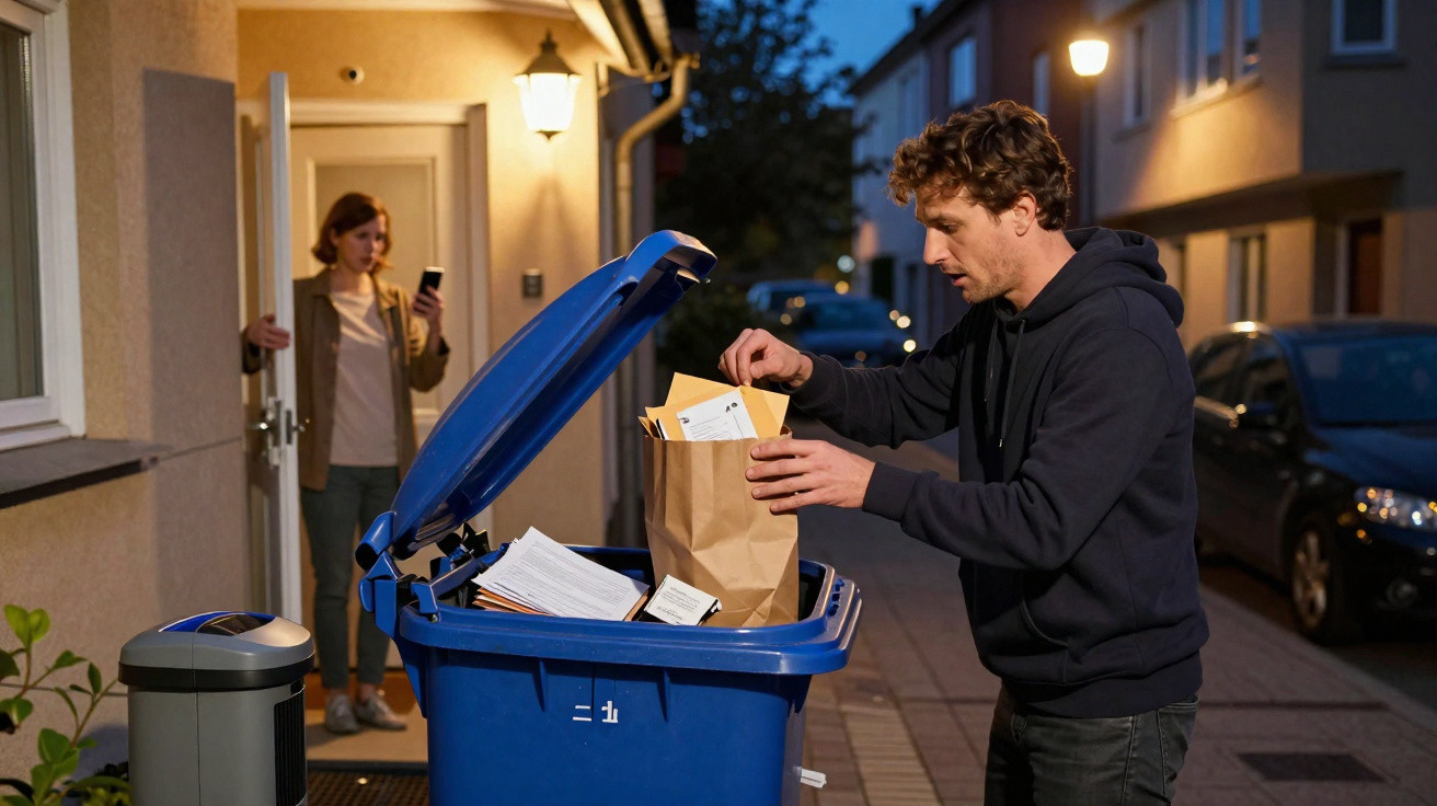 Dois homens frente a uma porta aberta à noite, com uma lixeira azul cheia de papéis para reciclar.
