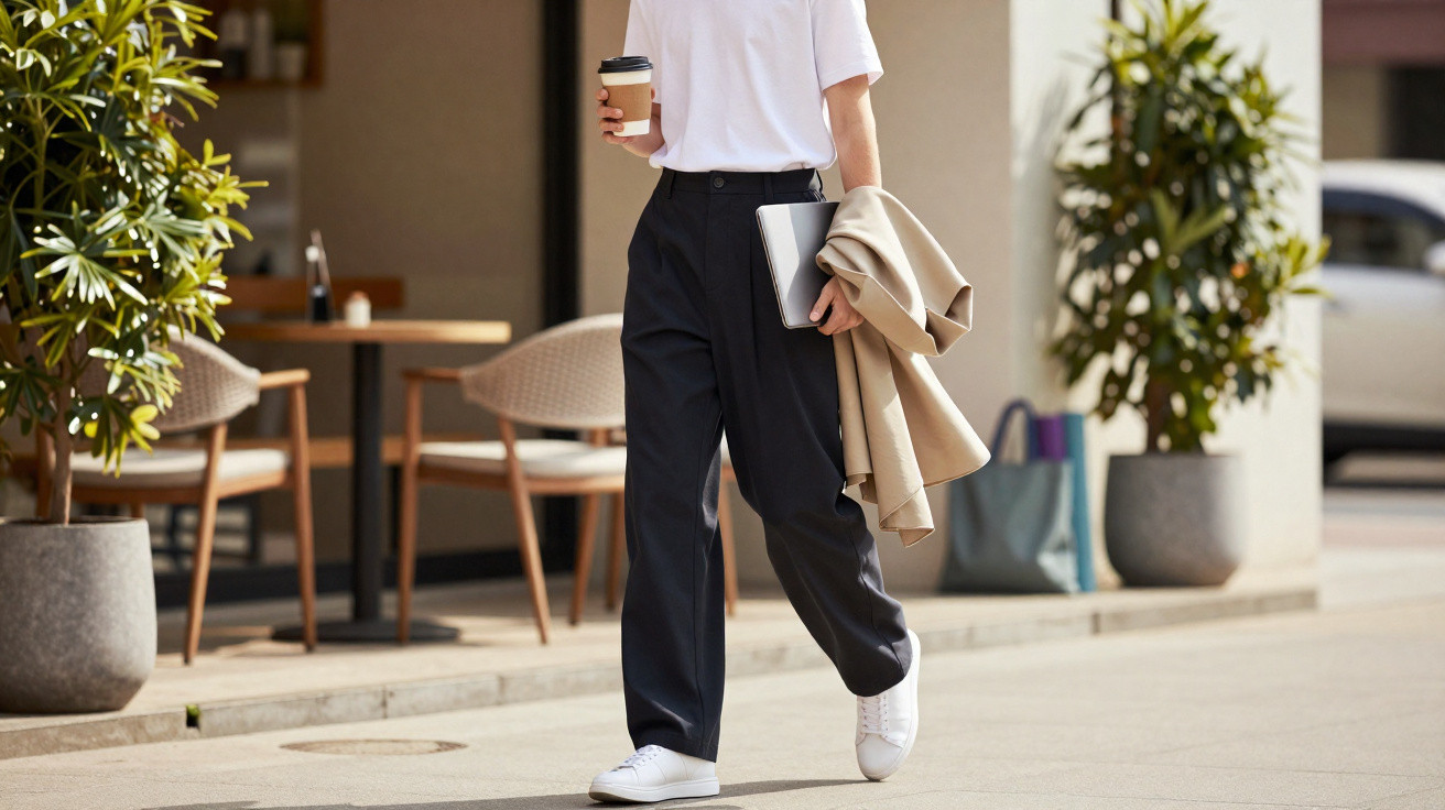 Mulher urbana a caminhar na rua com portátil e café, vestindo roupa casual e ténis brancos.