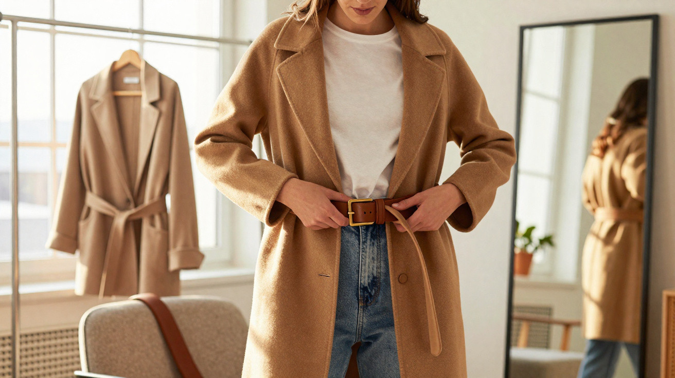 Pessoa a vestir casaco camel com cinto castanho, jeans e t-shirt branca em ambiente de casa iluminado.