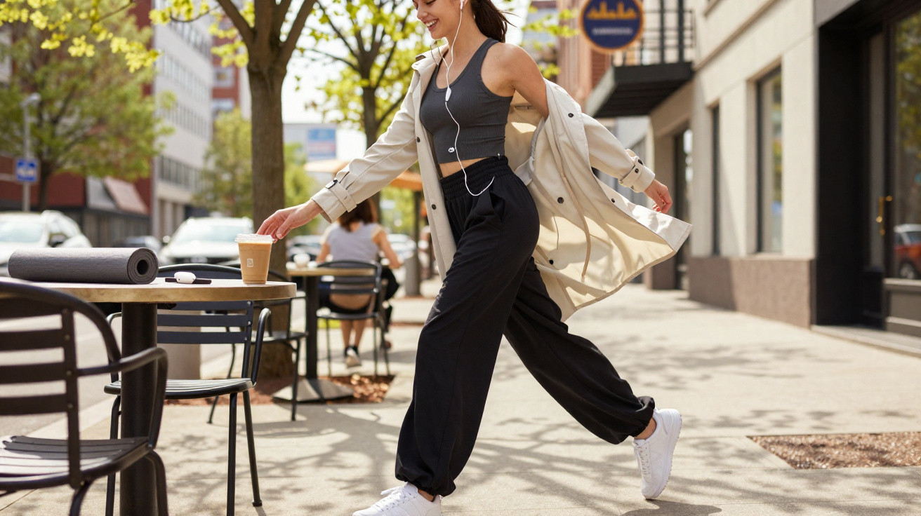 Mulher sorridente a caminhar numa rua urbana ensolarada com roupa casual e cachecol esvoaçante.