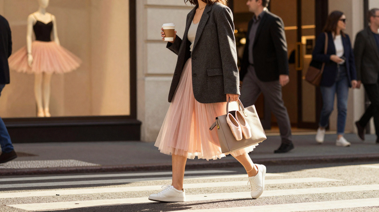 Mulher atravessa passadeira com vestido rosa, ténis brancos, casaco cinzento, segurando sapatos e café.