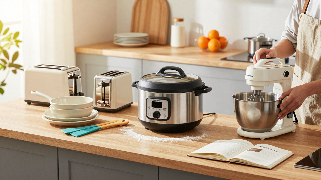 Mesa de cozinha com robot de cozinha, batedeira, torradeira, máquina de café, tigelas e livros de receitas.