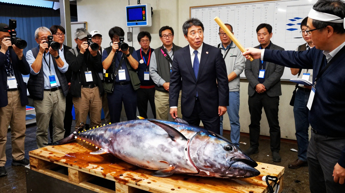 Homens tiram fotos e observam peixe-túnido gigante sobre mesa numa sala de reuniões.