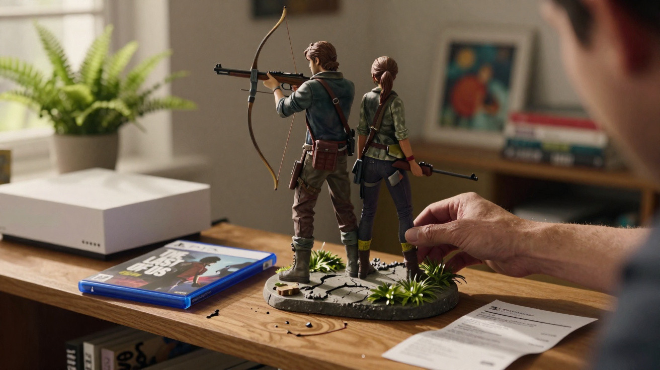 Figura detalhada de personagens com arco e rifle do jogo The Last of Us numa secretária de madeira.