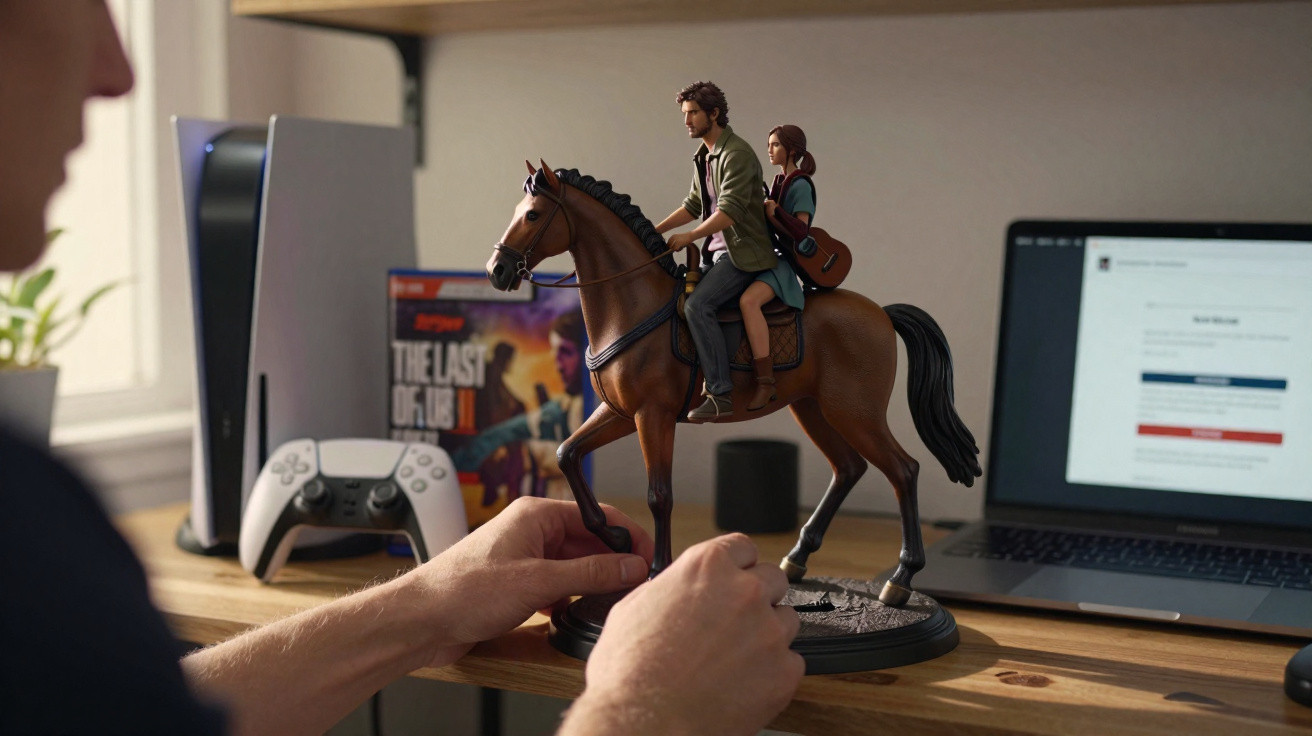 Pessoa a manusear uma figura colecionável de personagem montada a cavalo numa secretária com consola e portátil.