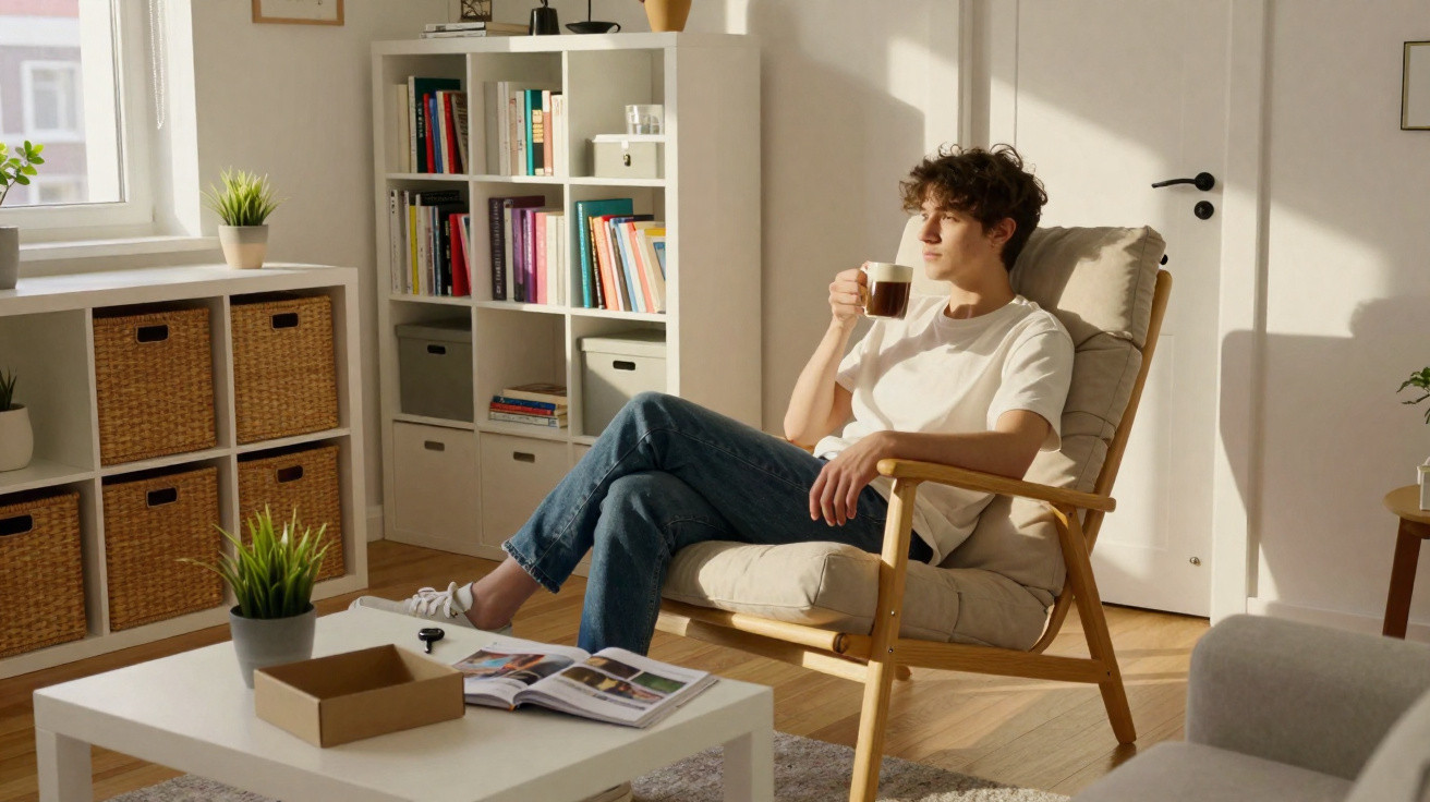 Jovem sentado numa cadeira em sala iluminada, a beber café, com mesa, plantas e estante de livros ao fundo.