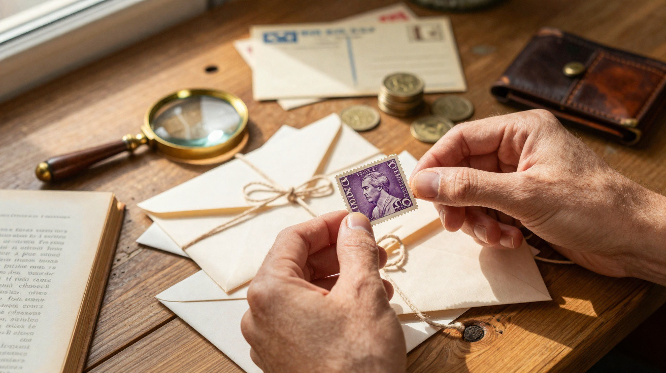 Mãos seguram um selo postal junto a envelopes, lupa, moedas, livro e carteira sobre mesa de madeira.