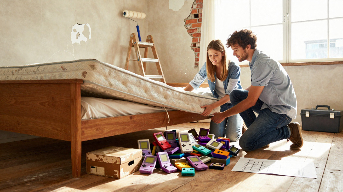 Casal a levantar colchão para guardar consolas portáteis coloridas no chão de quarto em remodelação.