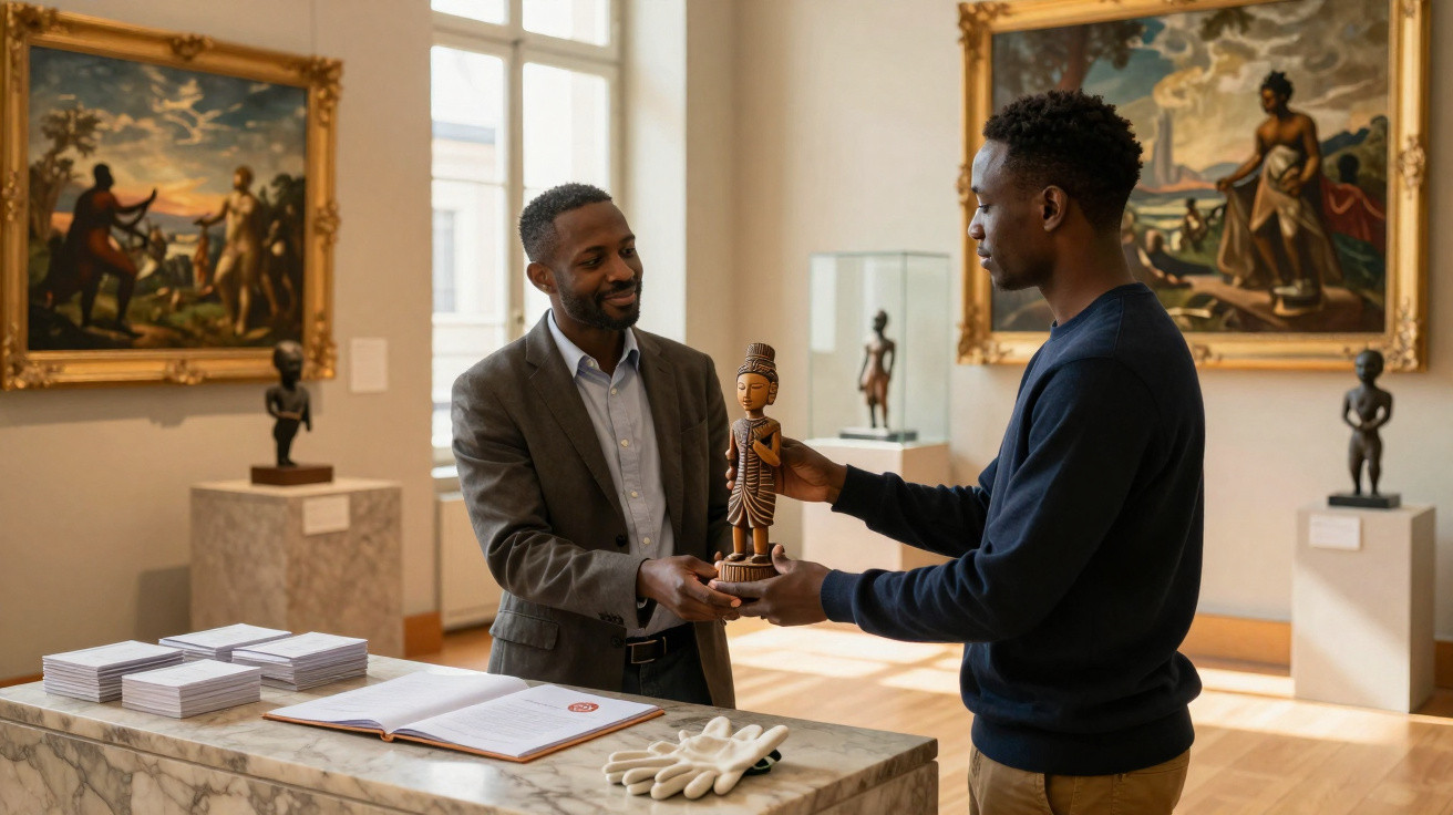 Dois homens a trocar uma escultura africana numa galeria de arte com quadros e mais esculturas ao fundo.