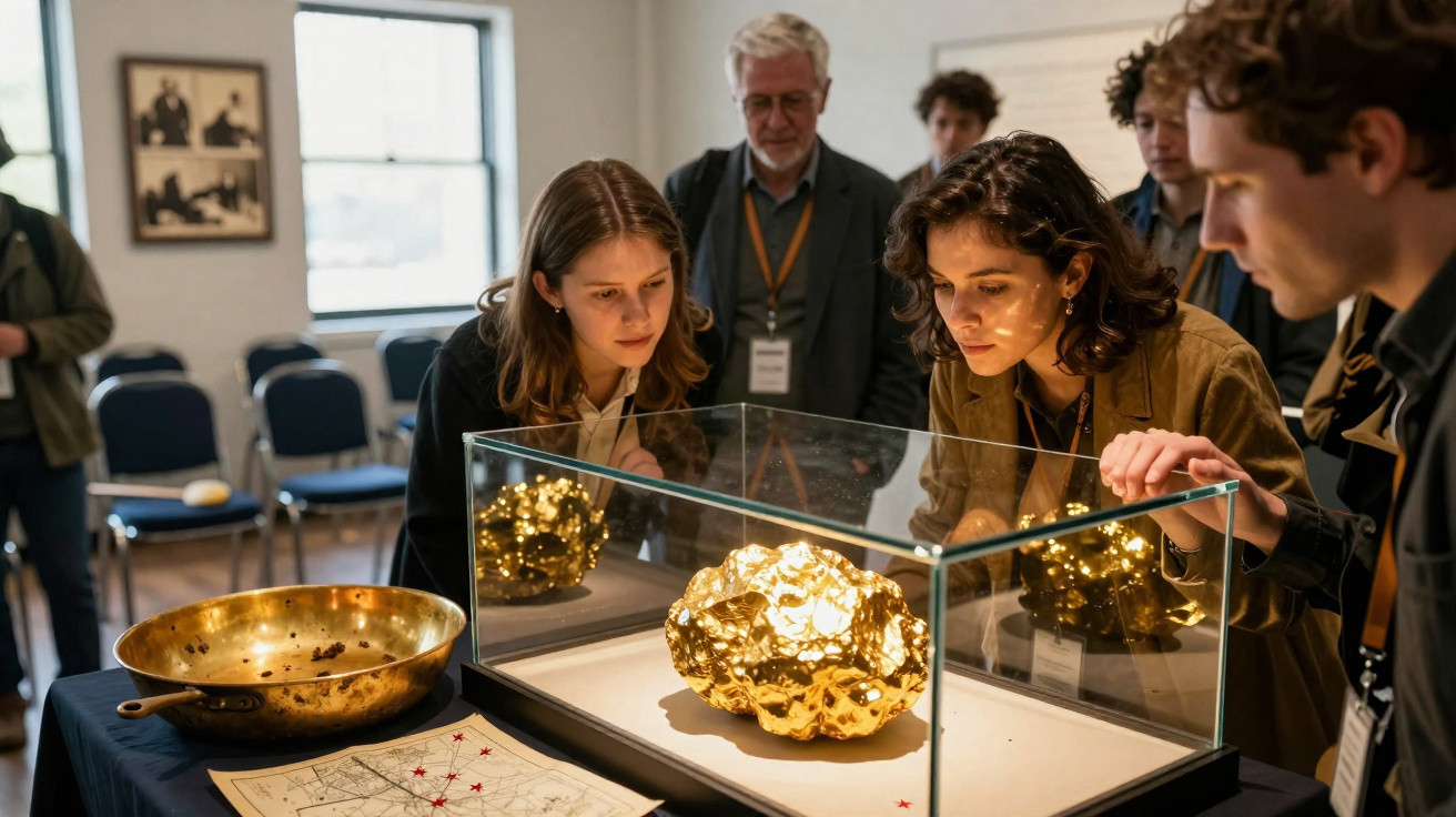 Pessoas observam curiosas uma escultura dourada protegida por uma caixa de vidro numa exposição.