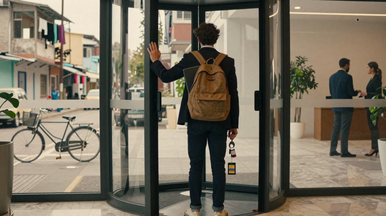 Pessoa com mochila a entrar numa porta giratória de vidro num edifício moderno.