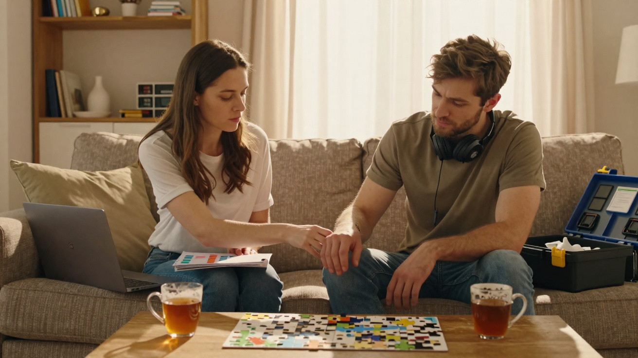 Homem e mulher sentados no sofá com um puzzle na mesa e gestos de apoio mútuo.