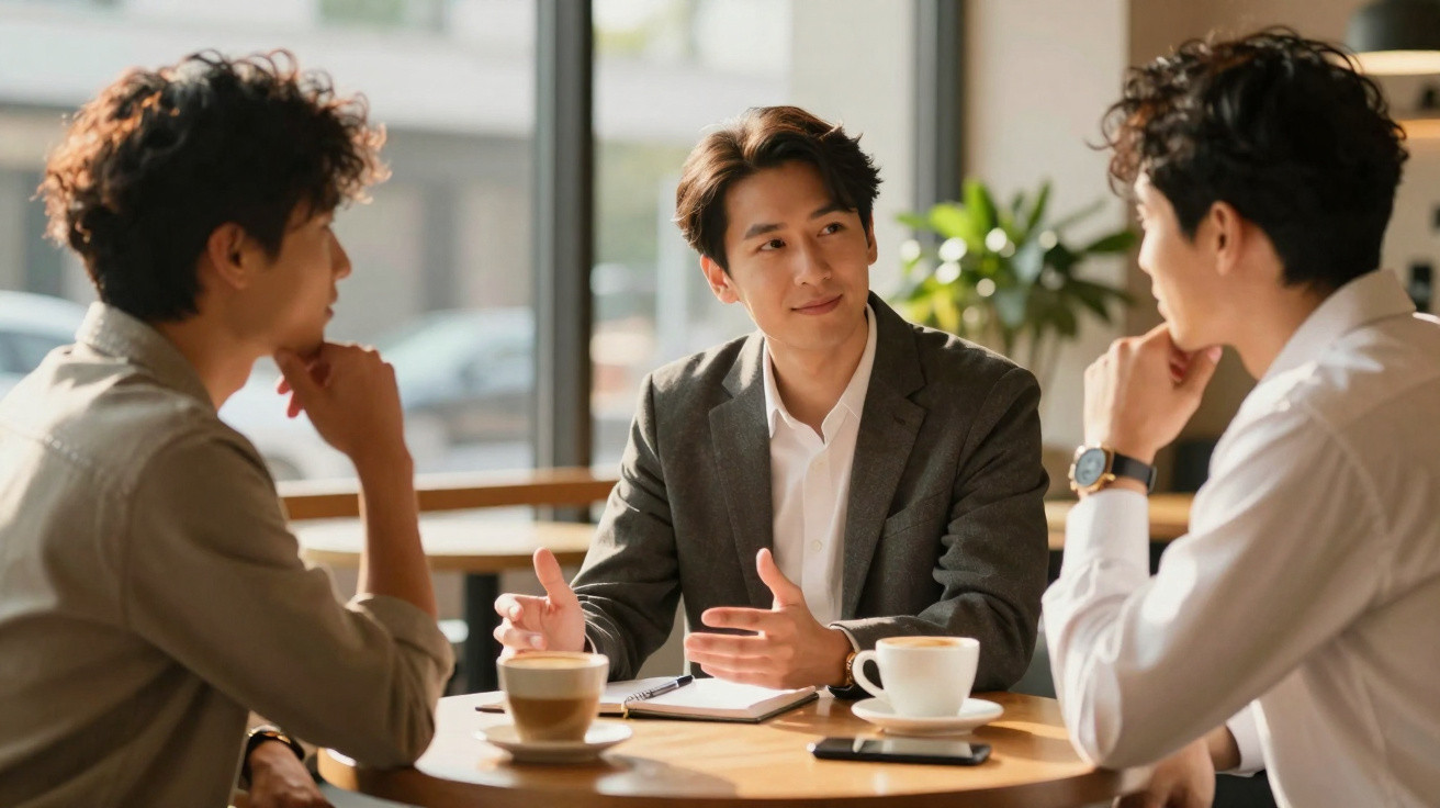 Três jovens em conversa num café, dois homens e uma mulher, com notas e bebidas sobre a mesa.