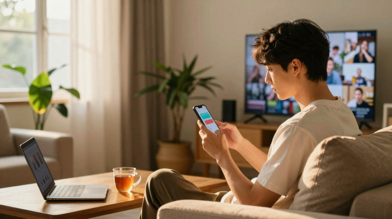 Pessoa sentada no sofá a usar telemóvel, com computador portátil e chá numa mesa à frente e televisão ligada ao fundo.