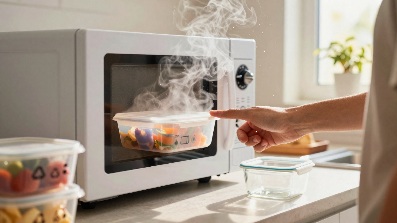 Pessoa a retirar recipiente plástico com comida quente e vapor do micro-ondas numa cozinha iluminada.