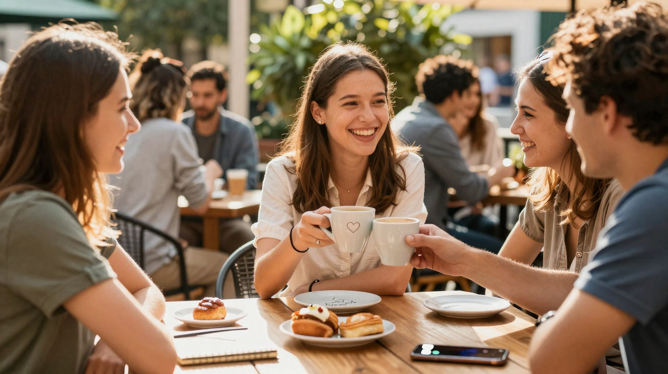Grupo de jovens a sorrir brindando com café numa esplanada ensolarada, com pastelaria na mesa.