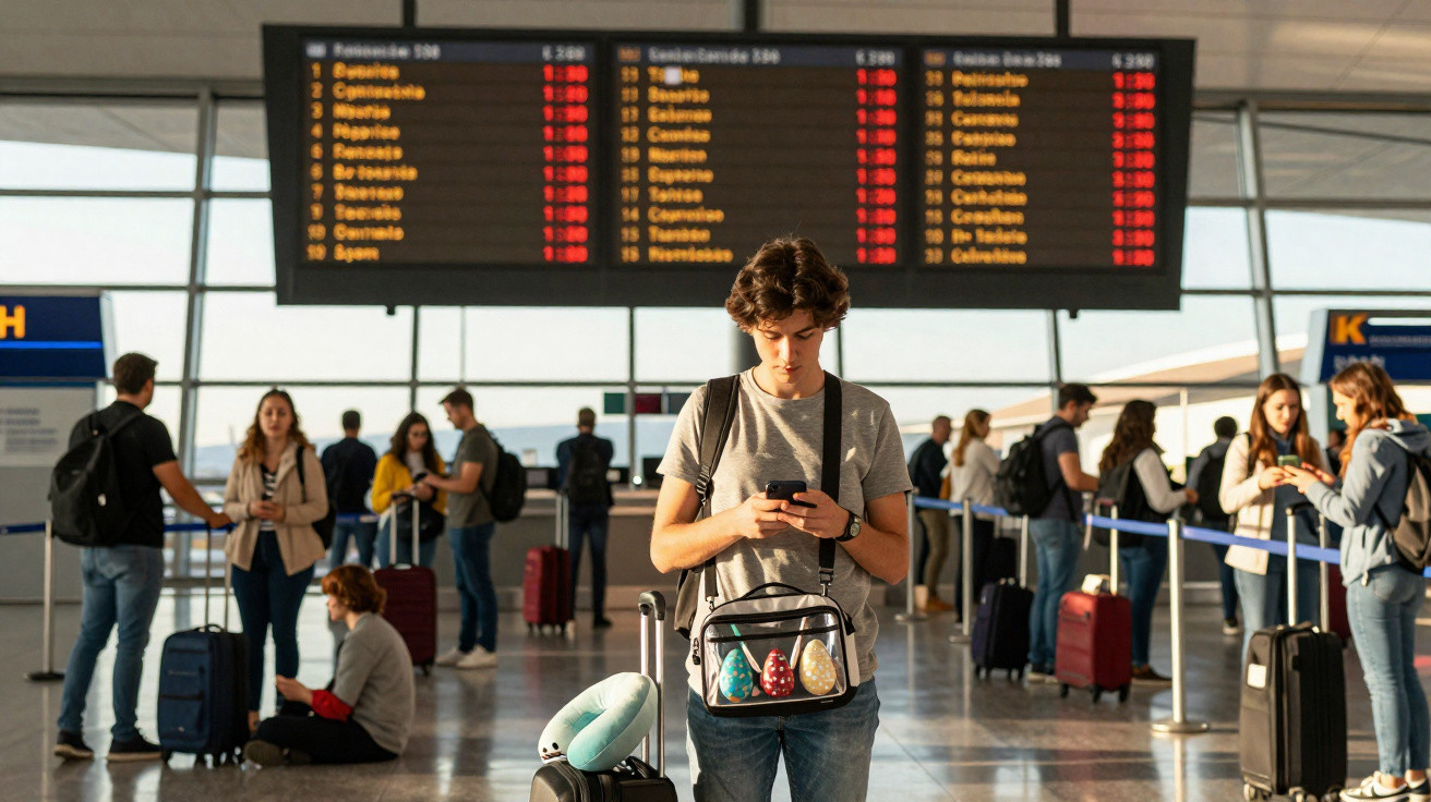 Jovem com mochila e mala no aeroporto, olhando para o telemóvel, com painel de voos e pessoas ao fundo.