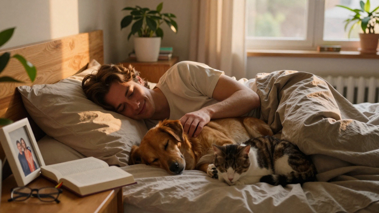 Pessoa a dormir na cama ao lado de um cão e um gato num quarto iluminado pelo sol da manhã.
