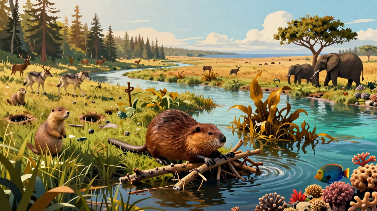 Riacho em paisagem natural com castores, elefantes, veados, lobos e peixes coloridos na água.