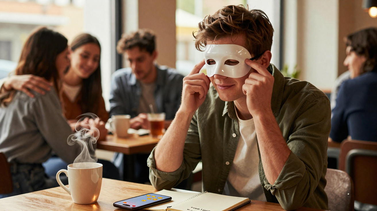 Jovem a colocar máscara branca sentado à mesa de café com chá quente e amigos ao fundo.