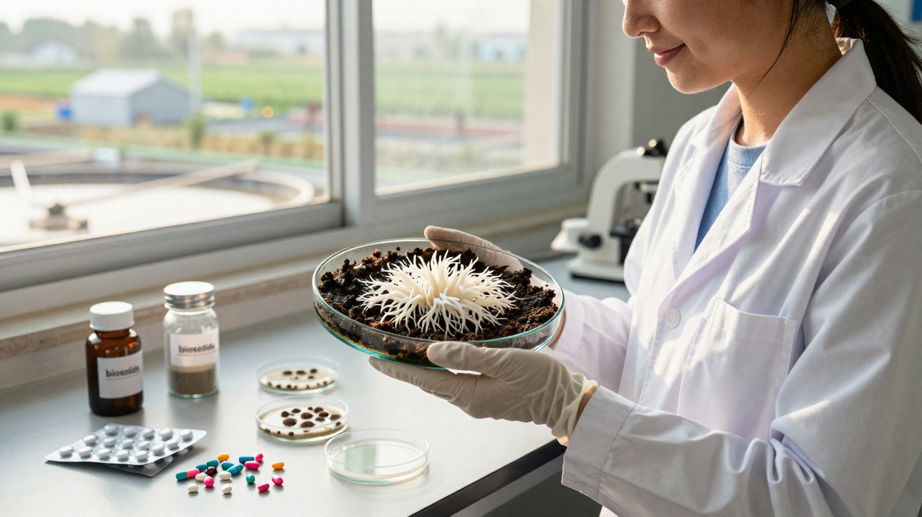 Cientista em laboratório a observar planta branca em recipiente com terra, com frascos e cápsulas na bancada.