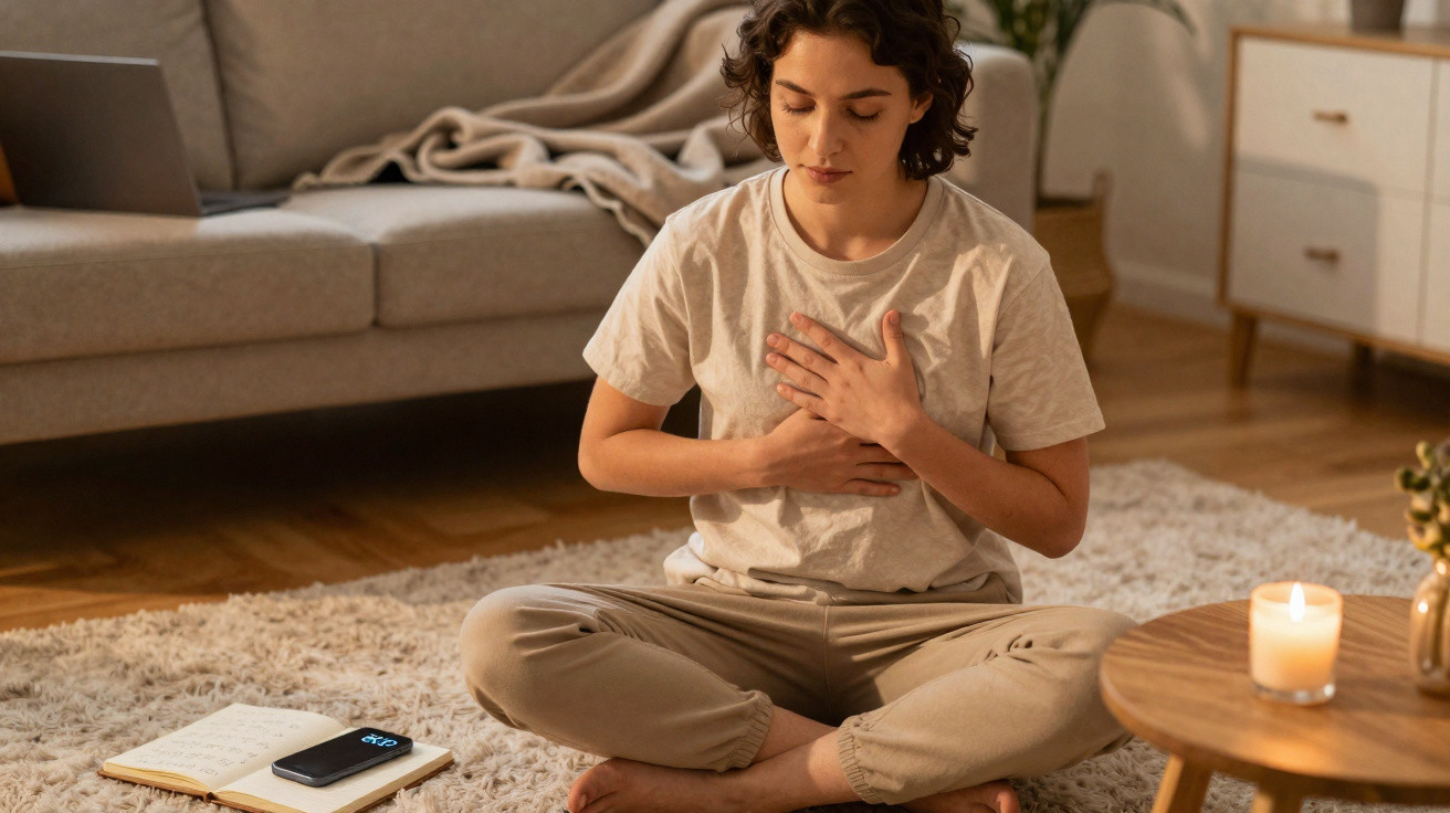 Mulher sentada no chão em posição de meditação com mãos no peito e abdómen numa sala acolhedora.
