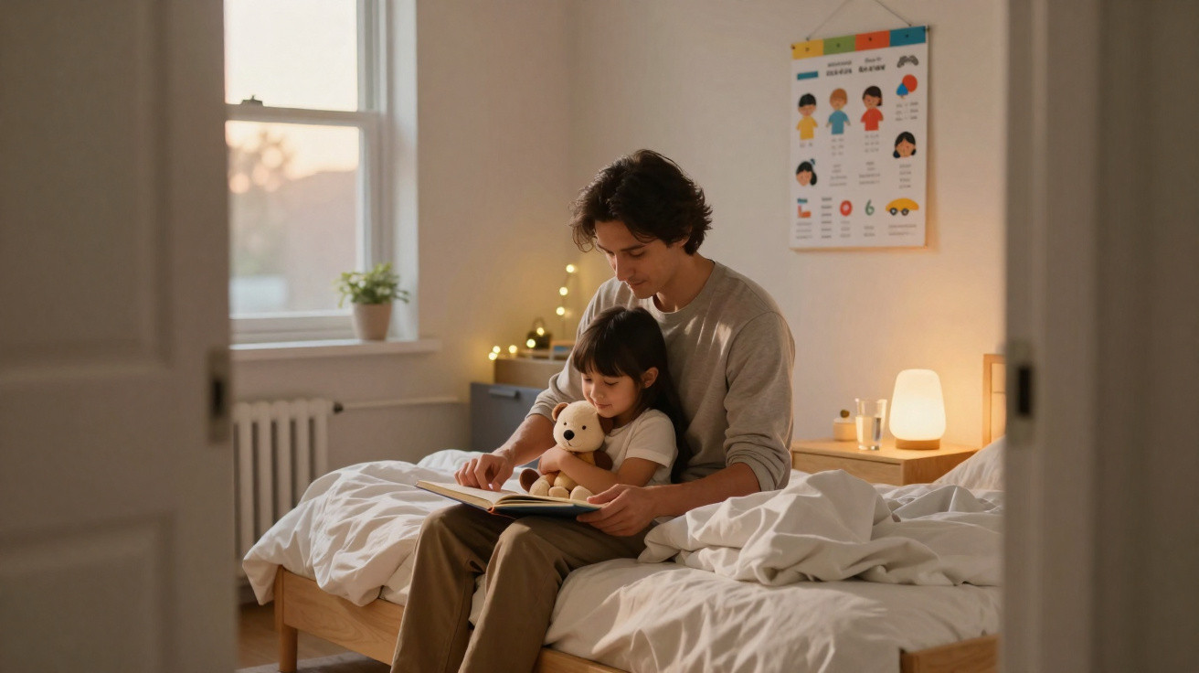 Pai a ler um livro para o filho abraçado a um peluche, sentados na cama num quarto acolhedor ao entardecer.