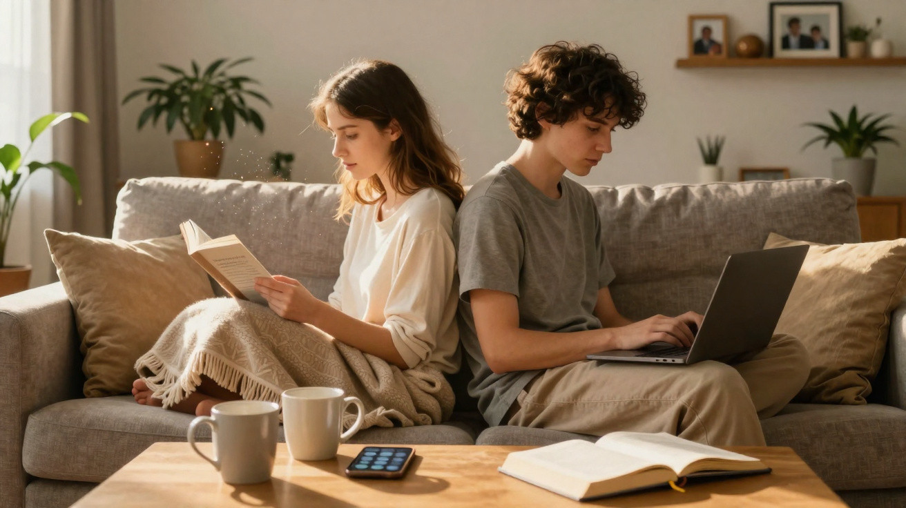 Dois jovens sentados de costas num sofá, um lê um livro e o outro usa um portátil.