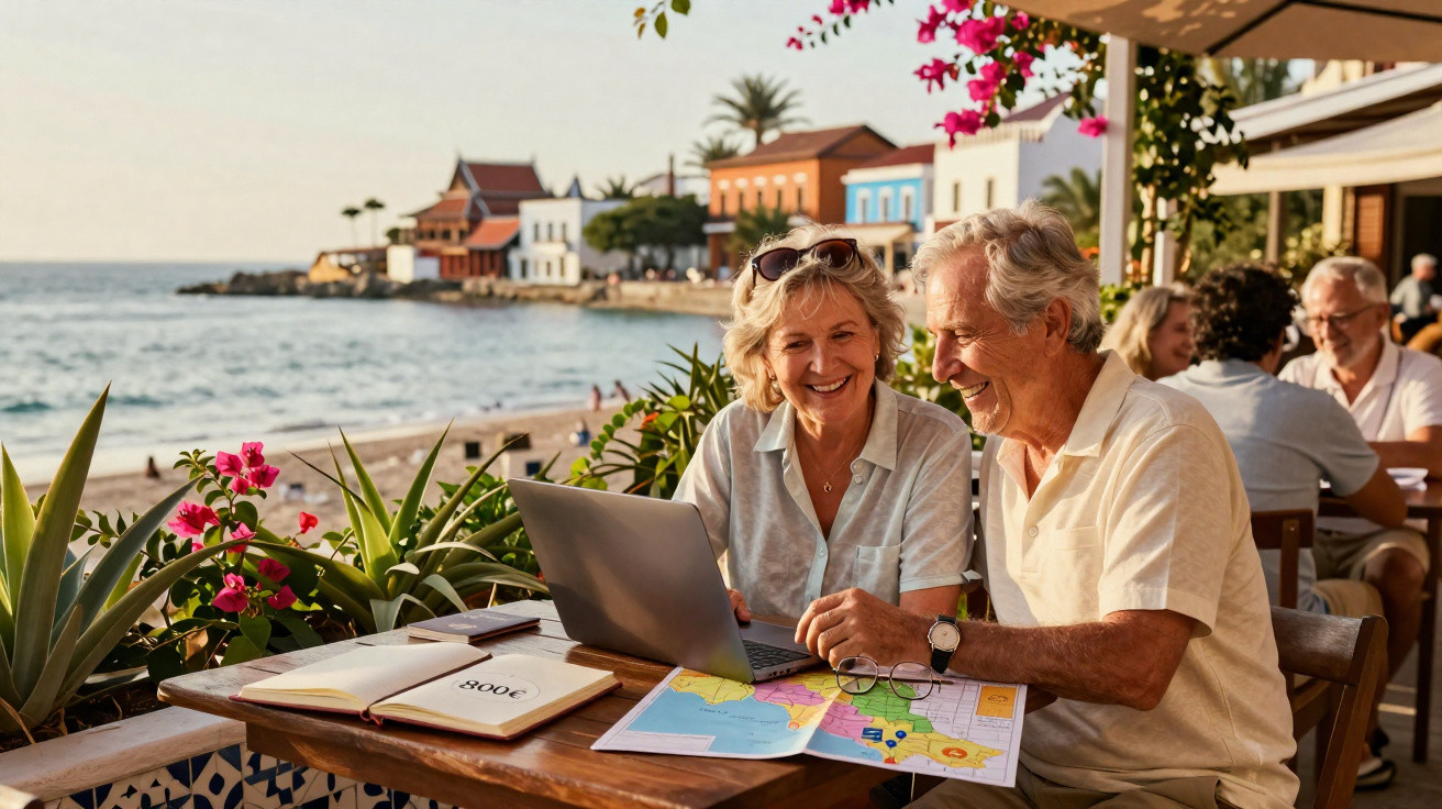 Casal sénior a planear viagem numa esplanada junto ao mar com mapas, caderno e portátil.