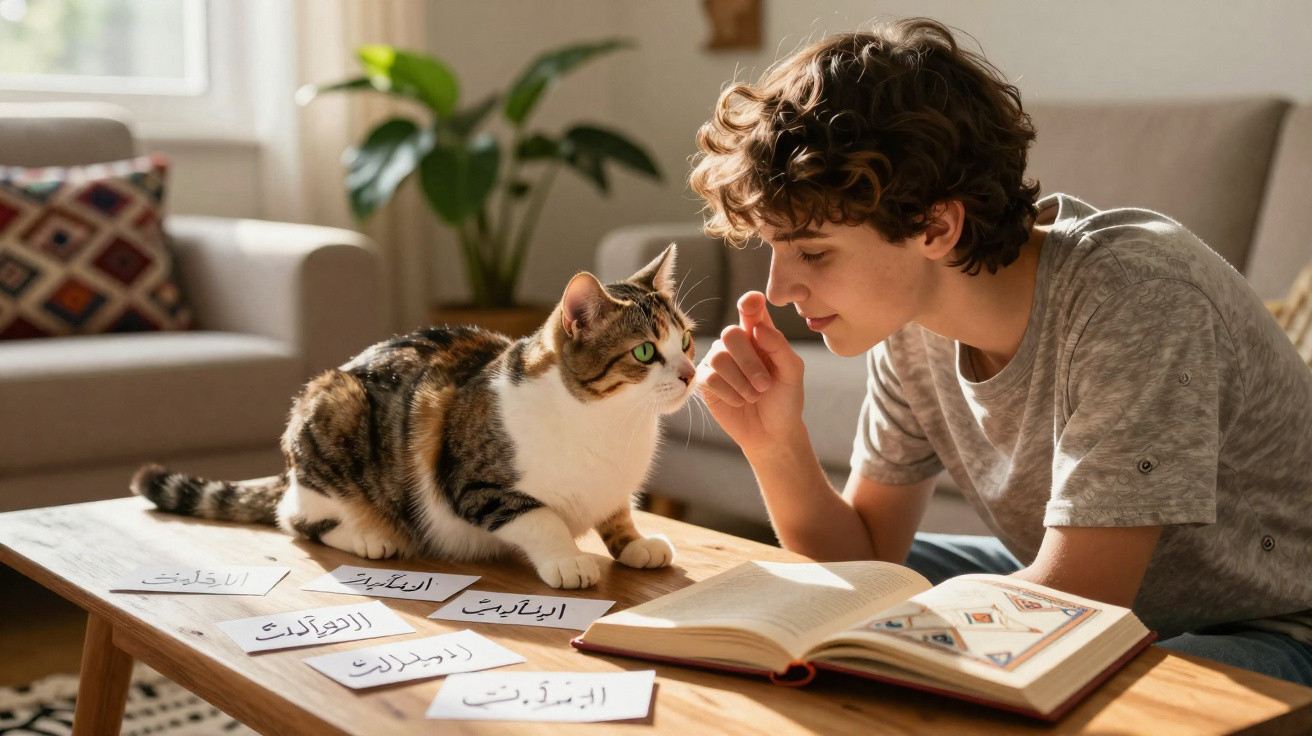 Rapaz interage com gato numa sala iluminada, com livro aberto e cartões de escrita árabe na mesa.